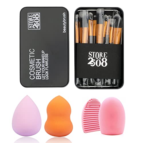 Store2508 Makeup Brush Set with 12 Brushes and Metal Storage Box 2 Pcs Makeup Blender Silicone Makeup Brush Cleaner