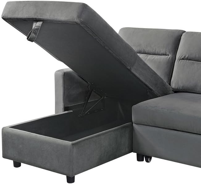 Miniatura 3 de Sofá modular reversible en forma de L de 82 pulgadas con diván de almacenamiento, moderno sofá esquinero de tela de lino de 3 asientos, con cama