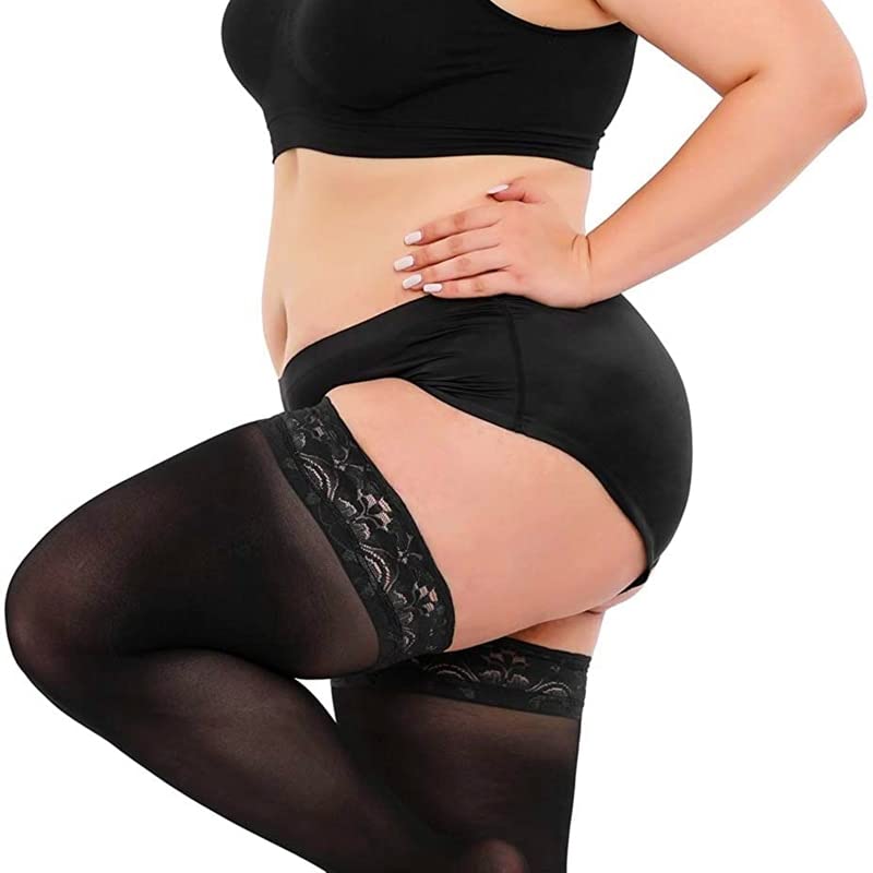 Medias de Talla Grande Lencería Medias de Mujer hasta el Muslo Encaje Rejilla Calcetines Grandes (Negro A) (Blanco