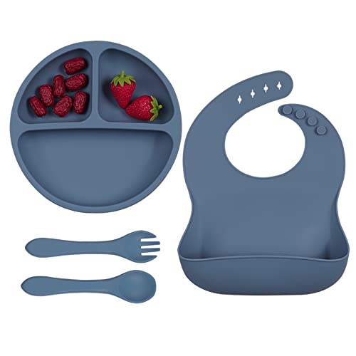 Weeme Babyteller Kinderteller mit Lätzchen Set,Silikon Kinderteller mit Saugnapf,Babylätzchen Babyteller mit Gabel Löffel,Kleinkindlätzchen BPA Frei,Baby Geschirrset für Baby Kleinkind und Kinder Cover