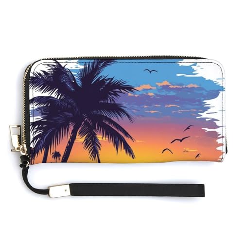 Beach, Sunset PU Leather Clutch Long Bifold Wallet, Coin Purse Credit Pass Case, Durable Card-Holder Money Storage for Women Men