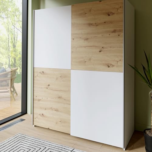 FORTE Schach & MATT Kleiderschrank 150, Minimalistischer Schwebetürenschrank mit Zwei 2 Türen, Artisan Eiche/Weiß, 150,1 cm breit, 190,5 cm hoch,...