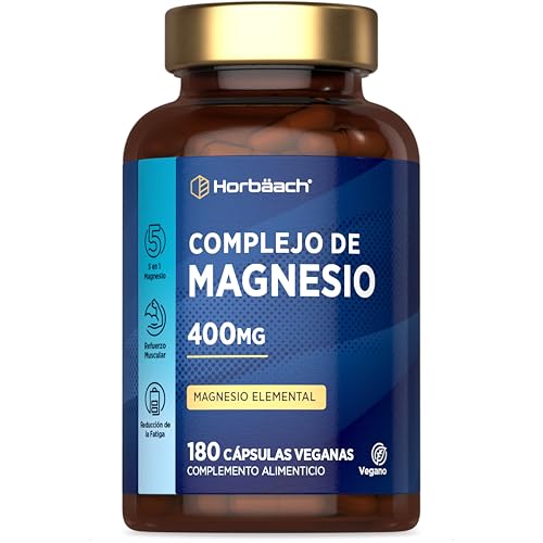 Magnesio Complex 5 en 1 con Citrato Bisglcinato Óxido Malato y Ascorbato de Magnesio | Complejo Premium de 5 Compuestos | 400mg | 180 Cápsulas Veganas | Horbaach