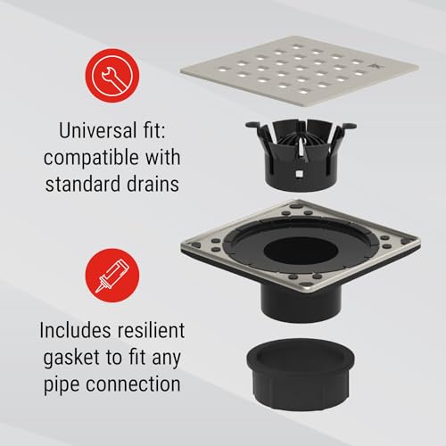 GURU USA Evo Lite Plus Square Stainless Steel Shower Drain with ABS Base & Hair Strainer, Bathroom Accessories for Shower Floor Drainage, Plus Nickel - Image 6