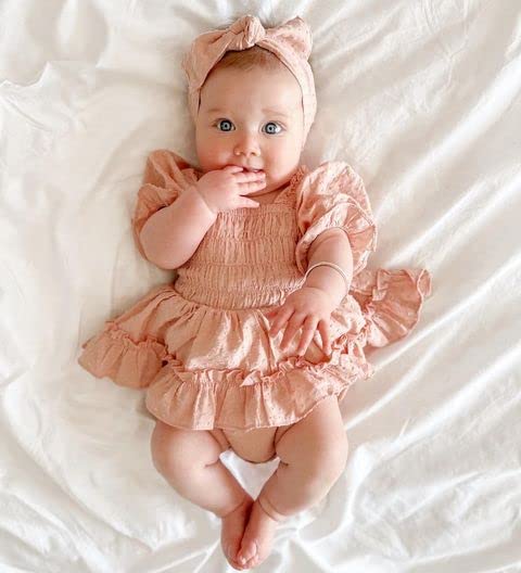 Baby Girl Romper Dress Ruffle Chiffon Smocked Dress Vintage Onesie Princess Outfit (3-6 Months,Pink Orange)