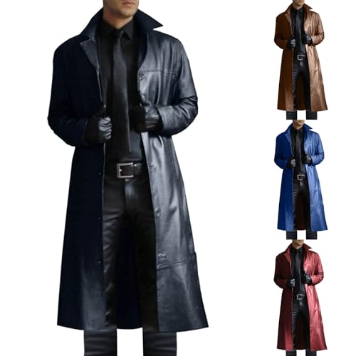 ZWRXW Mens Leather Trench Coat Full Length Vintage Classic Faux Leather Long Jacket Fall Winter Overcoat Coats Cardigan 5