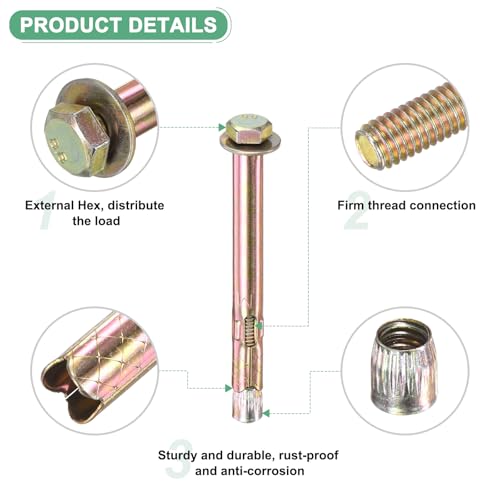 Image of M METERXITY 20-Pack Hex Expansion Bolt, M6x80mm Colored Galvanized Iron-Carbon Steel External Hex Expansion Bolts, Anti-Corrosion Metal Bolt for Concrete /Dry Brick /Block Walls