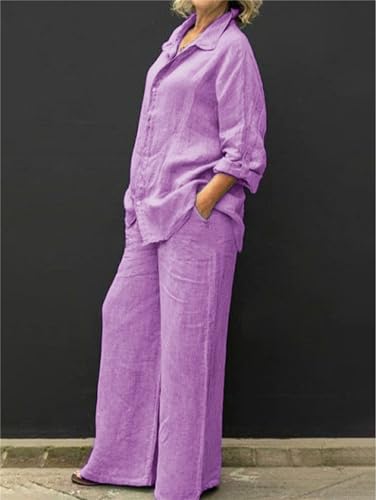 Linen Suits for Women Summer Two Piece Outfits Trouser Long Sleeve V Neck Top 2 Piece Suit Set Casual Trouser Suit2