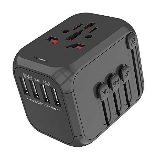 Running Bulls Adaptador de Corriente de Viaje USB Universal，3 Puertos USB Y de Tipo C Cargador de Pared Internacional Universal Enchufe AC Enchufe AC 8 Pines Multipaís (Negro-4)
