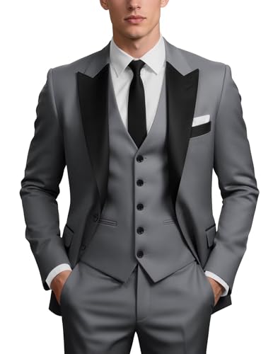 EMERAIDVLN Mens Tuxedo Suit Set 3 Piece, One Button Blazer Jacket Vest and Pants Suits for Dinner Prom Wedding Party Business