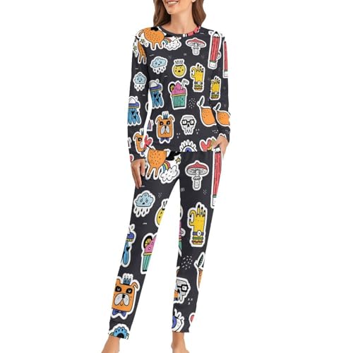 Pyjama femme dessin animé en coton doux respirant manches longues pour la nuit