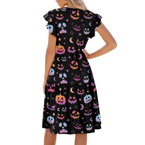 Image of Women's Casual Ruffle Sleeve Dress V Neck Pullover Dress Flowy A-Line Pleated Lightweight Dress with Pockets