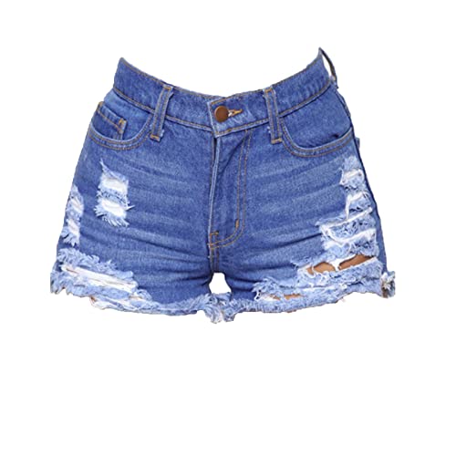 JEKE-DG Women's Hole Jean Shorts Retro High Rise Stretchy Denim Shorts Casual Distressed Frayed Raw Hem Shorts Jeans (Medium,Dark Blue)