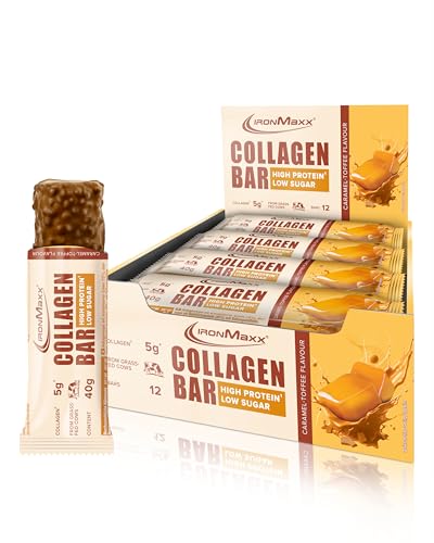 IronMaxx Collagen Protein Bar - Riegel 40g Caramel Toffee 12 Stk. - Zuckerarmer High Protein Riegel mit Kollagen Typ 1, 2 & 3, 5g Kollagen pro Riegel vom grasgefütterten Rind
