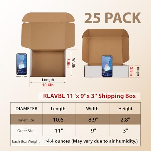 Image of RLAVBL 11x9x3 Inches Shipping Boxes Set of 25, White Small Corrugated Cardboard Box, Mailer Boxes for Packing Small Business
