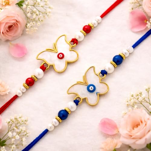 Image of Riddhika Ventures Elegant Evil Eye Rakhi for Protection from Negative Energy (Set Of 2) With Roli Chawal And Greeting Card (T1U1)