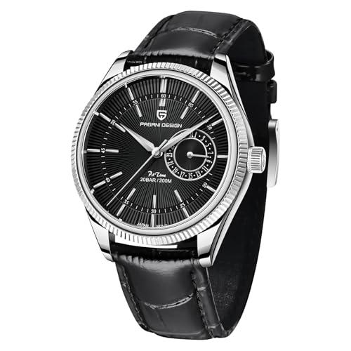 Pagani Design - Reloj de pulsera para hombre (40 mm, acero inoxidable, cuarzo, 200 m, resistente al agua, correa de piel, indicador de fecha), Plateado y negro, Clásico