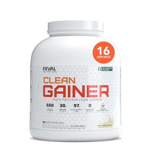 RIVAL NUTRITION Clean Gainer Protein Powder – 5LB Soft Serve Vanilla – High Protein Lean Mass & Weight Gainer | 550 Calories, 30g Protein, 97g Multi-Source Carbs, No Artificial Flavor – 16 Servings