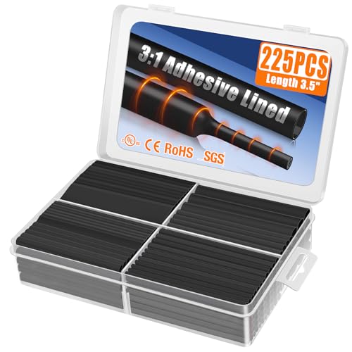 XHF 225 Pcs 3:1 Waterproof Heat Shrink Tubing Kit Marine Grade Adhesive Lined Heat Shrink Tube, Insulation Sealing Oil-Proof Wear-Resistant Black