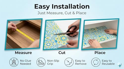 Image of Dribble EVA Shelf Liner Mat 45x500cm Roll, Non Slip Drawer & Cabinet Liner for Kitchen, Waterproof Oilproof Washable Fridge Mat, Anti Skid Cupboard Wardrobe Multipurpose Mat (Yellow /Blue)