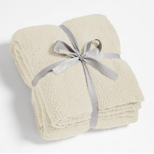 Image of CYMULA Super Soft Knit Throw Blanket Throw Size Beige - Lightweight Plush Fuzzy Fluffy Warm Cozy Blankets and Throws for Sofa Bed All Season Use, 50x60 inches