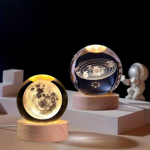 Desidiya Crystal Ball Universe and Moon Night Light Combo Home Decor Gifts for Men, Women, Boys, Girls, Engraved Crystal Ball LED Night Lamp Wooden Ba