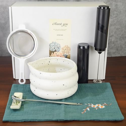SWRONP Matcha Whisk Set 6Pcs,Matcha Kit Includes Bowl with spout,Versatile Electric Whisk,Stainless Steels Scoop,Ceramic Spoon Rest,Sifter and Tea Towel,Complete Japanese Matcha Making Tools