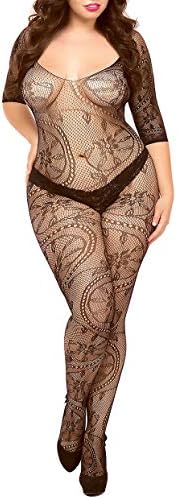 CURRMIEGO Sexy Gorgeous Floral Lingerie Plus Size Crotchless Sleeved Bodystocking Bodysuit