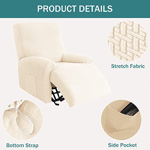 Niluoh Stretch Recliner Cover 4 Pieces T-Type Jacquard Lazy Boy Chair Covers With Side Pocket Recliner Sofa Slipcover Anti-Slip Fitted Furniture Protector With Elastic Bottom, T-Beige #TOP2