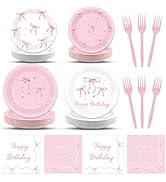 Yiaoyinnz 96PCS Pink Bow Birthday Party Decorations Bow Theme Tableware for Girls Coquette Bachel...