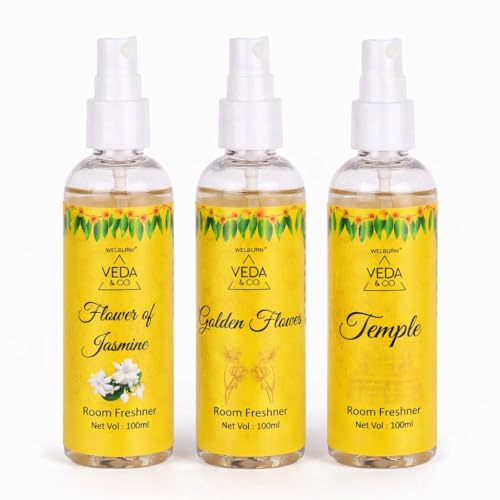 Image of Welburn Veda&Co Room Freshener | Long Lasting Spiritual Aroma Spray for Home, Office & Puja Room | Divine Puja Room & Home Fragrance (Temple, Golden Flower, Jasmine - 100 ml Each)