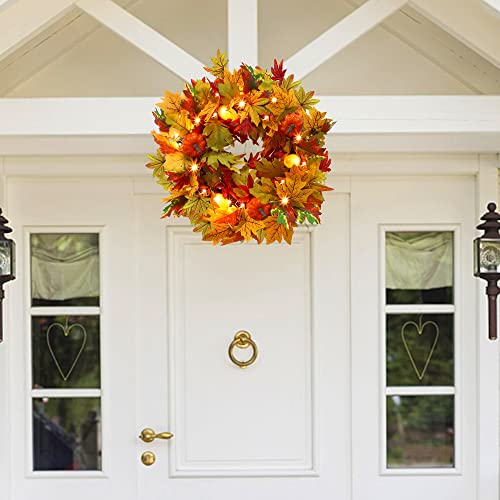 Juegoal Lighted Fall Wreath With Metal Hanger, 14 Inch Pre-Lit Artificial Autumn Maple Leaf Wreaths, Battery Operated Harvest Thanksgiving Decorations For Front Door Home Holiday Wall Fireplace #TOP4