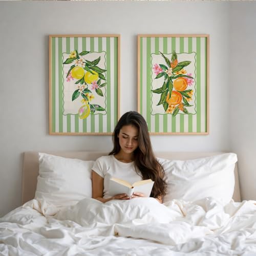 Image of Suneree Botanical Fruit Wall Art Set of 2 Framed Paintings | Lemon Orange Illustration Green Striped Poster | Kitchen Dining Room Home Decor (Art 1, 10x13 Inches)