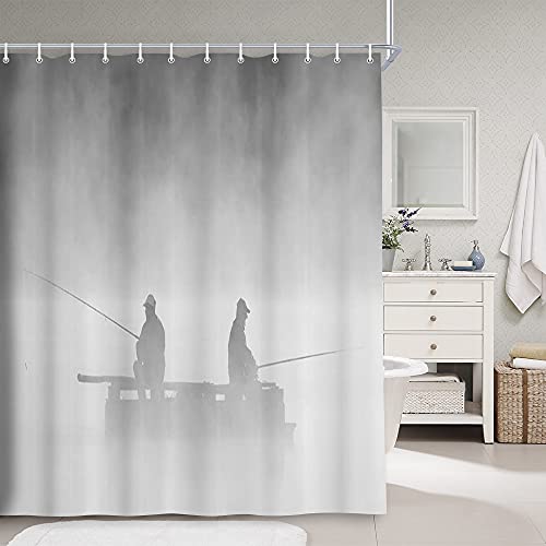 Nymb Fishing Shower Curtain, Nautical Fisherman On Rustic Wooden Plank Boat In Fog Waterproof Fabric Bathroom Accessories, Gray Lake Farmhouse For Men Bath Curtains Hooks Included, 71X71Inch #TOP1