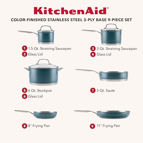 Image of KitchenAid Tri Ply Stainless Steel Cookware Set, 9-Piece Pots and Pans Set