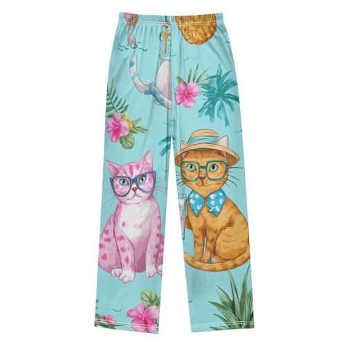 Tropical Cat Flowers Boys Long Pants Soft Trousers Elastic Waist Kids Lounge Bottoms with Pockets S-XL2