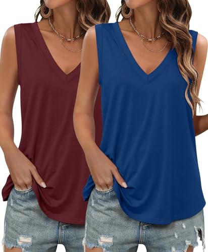 KKJ 2 Pack Womens Tank Tops Workout V Neck Tees Summer Sleeveless Loose Fit Casual Outfits Shirts Fall Fashion Clothes