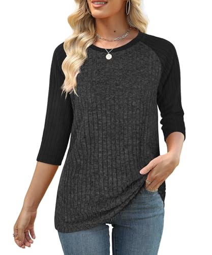 Heymiss Womens Sweaters 3/4 Sleeve Shirts Lightweight Loose Casual Blouses Color Block Tunic Tops2