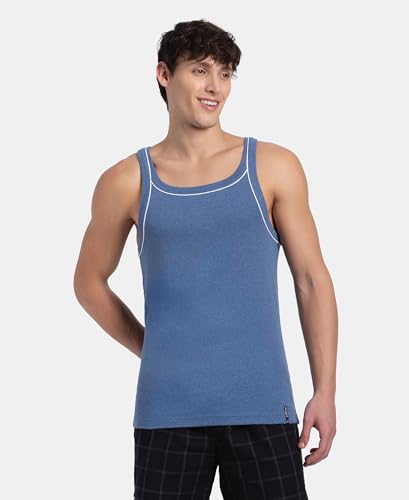 Image of Jockey US54 Men's Super Combed Cotton Rib Square Neckline Gym Vest with Back Panel Graphic Print (Shoulder Starp Color May Vary)