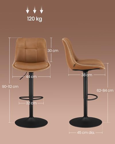 VASAGLE Bar Stools Set of 2 Kitchen Chair Adjustable Height Swivel Seat PU Padded Seat with Backrest and Foot Rest Dining Room Counter Top Steel Caramel Brown LJB095K01