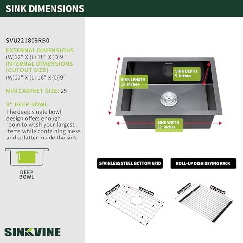 Image of 22-Inch Black Undermount Kitchen Sink, SINKVINE Stainless Steel Single Bowl