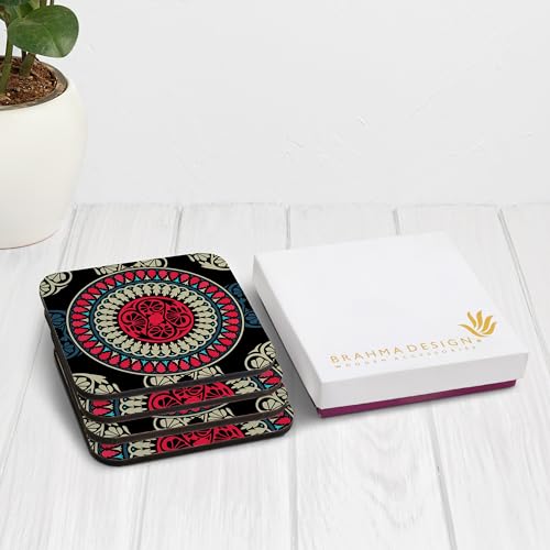Image of Wooden Coaster Set with Gift Box | Black Mandala Design | Set of 4 Tabletop Square Coasters 3.75 inch x 3.75 inch | Kitchen Table Wooden Decorative Items | for Cups, Mugs, Cans, Glasses