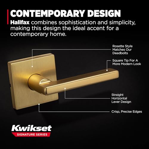 Image of Kwikset Halifax Interior Square Passage Door Handle, Lever for Closet and Hallway Doors, Reversible Non-Locking Handle Lever, Satin Brass 4 Pack