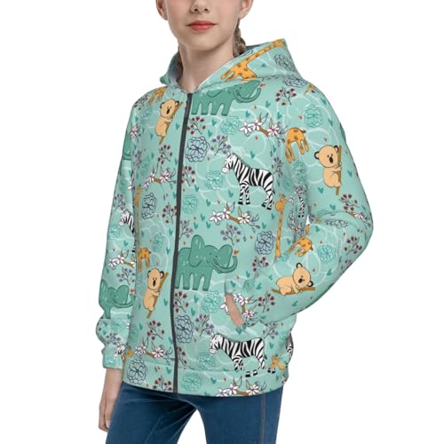 Hand Draw Animals Kids Pullover Hoodies Boys Zip Up Sweatshirts Girls Athletic Clothes with Pocket