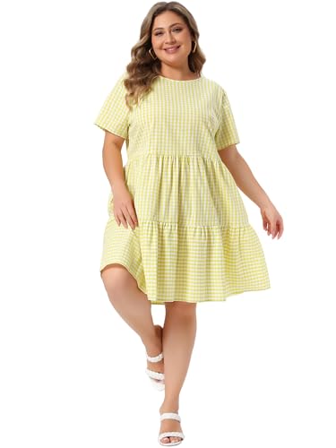Image of Agnes Orinda Plus Size Gingham Dresses 1950s Vintage Plaid Round Neck Short Sleeve Tiered Midi Summer Dress