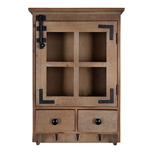 Kate And Laurel Hutchins Decorative Farmhouse Wood Wall Cabinet With Window Pane Glass Door And 2 Storage Drawers, Rustic Brown #TOP3