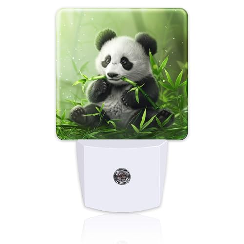 Image of Cute Panda Eating Bamboo Night Light, Natural Animal Green Leaves Dusk to Dawn Night Light Plug in, 0.5W Energy Saving Sleep Friendly NightLight for Kids Boys Girls Home Decor