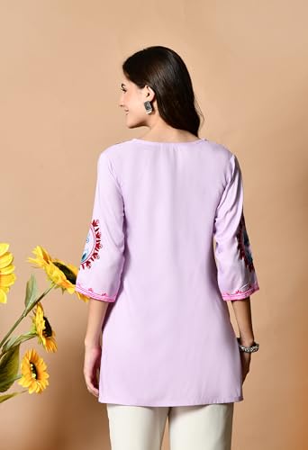 Image of LIBOZA Embroidered Kashmiri Tunic Top, Short Kurti for Women on Jeans, V-Neck, 3 /4 Sleeve, Floral Design,