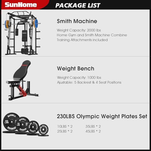 Image of SunHome Smith Machine, 2000LBS Power Cage Squat Rack with Smith Bar, LAT Pull-Down Systems, Cable Crossover Machine for Home Gym