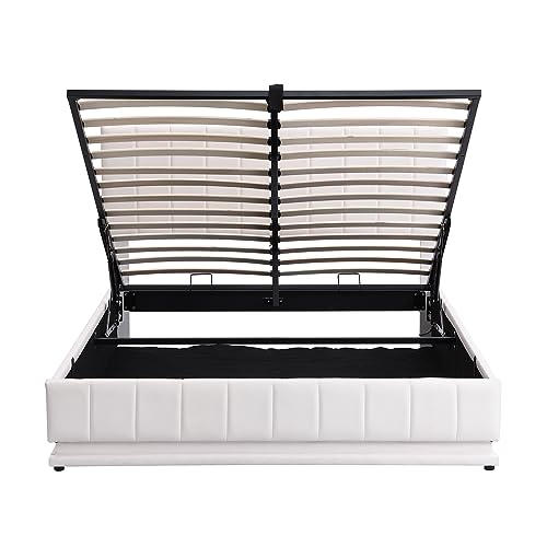 Tilly Lin Queen Size Upholstered Bed with Hydraulic Storage System and LED Light, Modern Platform Bed with Sockets and USB Ports, White